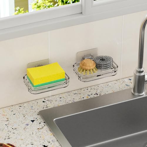 Soap Dish for Shower Wall Mounted, Soap Bar Holder Self Draining, Strong Adhesive Mount Soap Saver Sponge Holder for Bathroom Bathtub Kitchen Sink, Clear