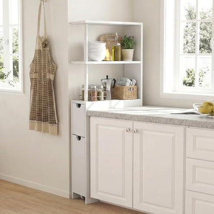Tangkula Slim Bathroom Storage Cabinet, Small Corner Floor Cabinet with Open Shelves, Slide-Out Drawers, Bathroom Organizer, Narrow Toilet Paper Holder for Restroom, Living Room, Small Spaces, White