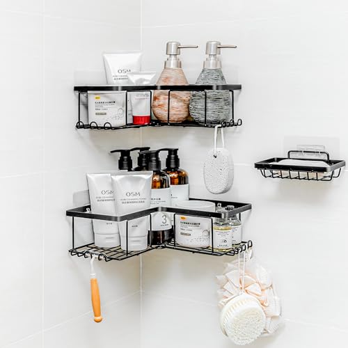 Corner Shower Caddy Organizer - Rustproof Stainless Steel Bathroom Shelves for Inside Shower Storage - Heavy Duty Corner Rack with Shampoo Holder - Silver Adhesive Shelf