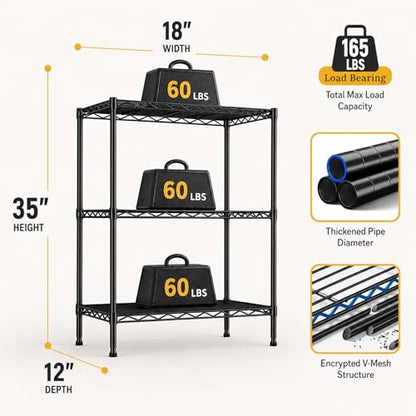 GRANNY SAYS 3-Tier Narrow Storage Shelves for Small Spaces, 18" W Metal Shelving Unit, Adjustable Storage Rack, Freestanding Shelf for Laundry Room, Bathroom, Kitchen Pantry, Black - size: 18"W x 35"H x 12"D