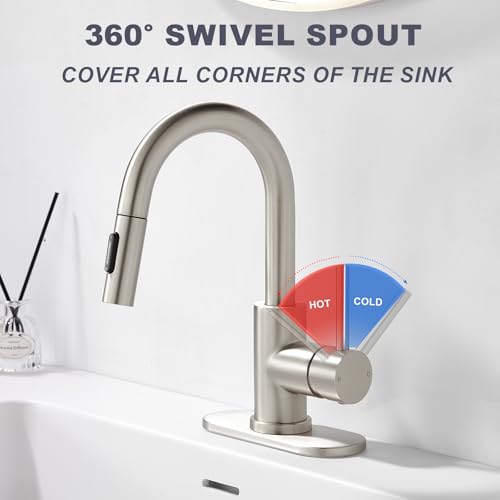Brushe Nickel Bathroom Sink Faucet with Pull Down Sprayer | 2 Mode Sprayer, with Deck Plate for 1 or 3 Hole, 360° Swivel, with Pop Up Drain for Vanity Bar RV Basin Laundry - color: Brushed Nickel