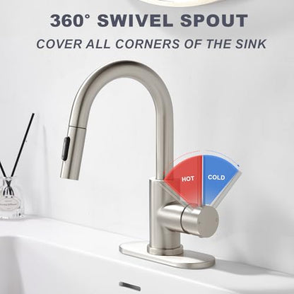 Brushe Nickel Bathroom Sink Faucet with Pull Down Sprayer | 2 Mode Sprayer, with Deck Plate for 1 or 3 Hole, 360° Swivel, with Pop Up Drain for Vanity Bar RV Basin Laundry - color: Brushed Nickel