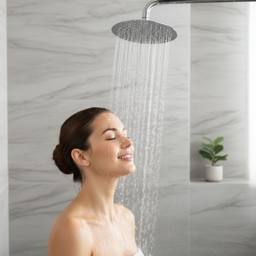 Rain Shower Head - 10 Inch Round 304 Stainless Steel Metal Shower Head Self-Cleaning Silicone Nozzles Pressure Boosting Design Ceiling or Wall Mount Rainfall Showerhead - size: 10 Inch Round