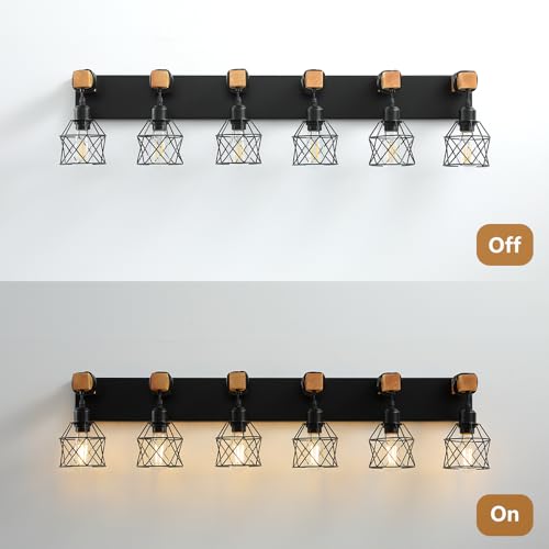 Farmhouse Vanity Light Fixture,6-Light Bathroom Lighting,Black Industrial Wood Wall Light Over Mirror with Metal Shade,LED Bulbs Not Included - color: Black, size: 6-Light-Wide 44"