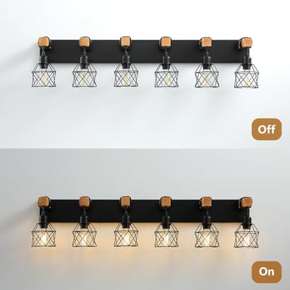 Farmhouse Vanity Light Fixture,6-Light Bathroom Lighting,Black Industrial Wood Wall Light Over Mirror with Metal Shade,LED Bulbs Not Included - color: Black, size: 6-Light-Wide 44"