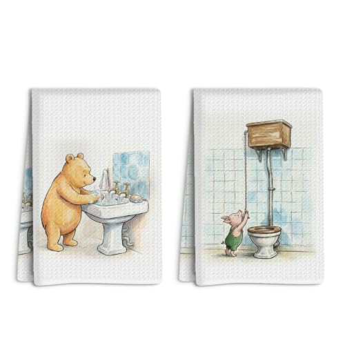 Classic Winnie Theme Bathroom Towels Set of 2 Pooh Bear Decor Stuff for Bathroom Cute Winnie Gifts for Best Friends Friendship Gifts for Women Absorbent Decorative Waffle Weave Hand Towel - color: Multicolor 1683