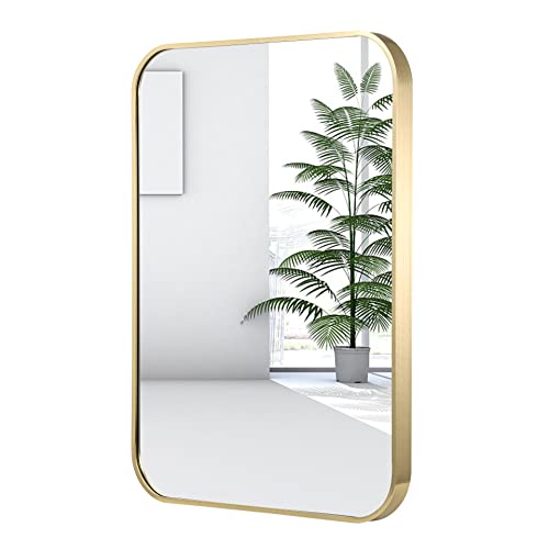 24x36 Inch Gold Bathroom Mirror, Brushed Brass Gold Metal Framed Rectangular Mirror with Rounded Corner, Wall Mounted Vanity Mirror for Bedroom or Living Room, Horizontal/Vertical - color: Gold(light), size: 24"L x 36"W