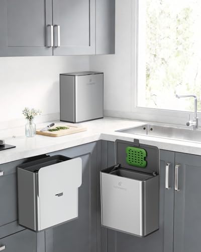 Kitchen Compost Bin, 8L/2.1G Small Trash Can with Lid, Slim Stainless Steel Hanging Garbage Bin for Kitchen, Bathroom, Bedroom, Office, Wall Mounted Compost Bin with Inner Bucket, Silver - size: 8L-Silver