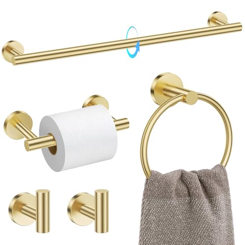 TQKAG Brushed Gold Bathroom Accessories, 5 Piece Towel Racks for Bathroom | 23.6" Bathroom Hardware Set, SUS304 Stainless Steel, Double Post Pivoting, Towel Hooks, Toilet Paper Holder Set Wall Mounted - color: Brushed Gold, size: 5-Pieces Set-B