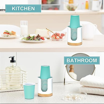 2 Pack Bathroom Cup Dispenser - Small Cup Holder and Mouthwash Cups Holder for 3 Oz Countertop - Convenient Paper Cup Dispenser - Bamboo Wood Base Bathroom Cup Holder（White） - color: White/Bamboo, size: 3 OZ