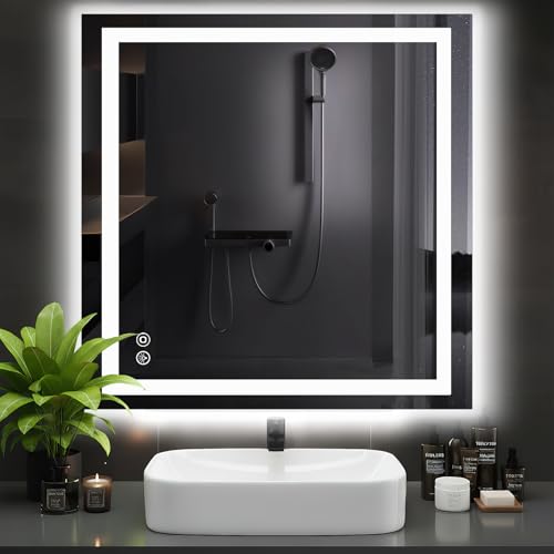 LED Bathroom Mirror with Lights, 36x36 Inch Wall Mount Vanity Mirror for Over Sink with Anti-Fog, 3 Colors Brightness, Backlit + Front Lit, Memory Function, Shatterproof and Tempered Glass - color: Led-white Rect, size: 36"L x 36"W