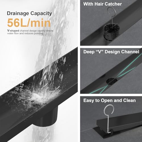 Linear Shower Drain - 28 Inch Matte Black, with Tile Insert Panels | AISI 304 Stainless Steel Shower Drain with Adjustable Feet, Hair Catcher, Rectangle Shower Floor Drain Fits Bathroom, Balcony - color: Matte Black, size: 28 Inch