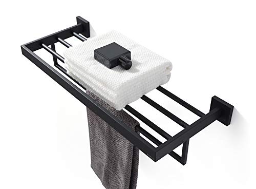 Towel Rack, Towel Shelf for Bathroom, Square Modern Hotel Style Towel Rack with Shelf, 24Inch, Matte Black, Wall Mounted, No Assembly, 071100-MB Les Series