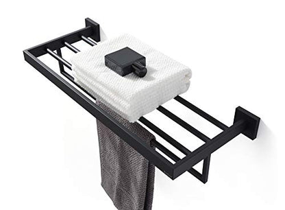 Towel Rack, Towel Shelf for Bathroom, Square Modern Hotel Style Towel Rack with Shelf, 24Inch, Matte Black, Wall Mounted, No Assembly, 071100-MB Les Series