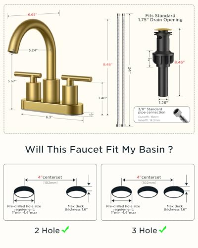 FORIOUS Brushed Gold Bathroom Faucet Centerset 4 Inch, Gold Vanity Faucet | Commercial Gold Faucet Bathroom 4 Inch, Gold Faucets for Bathroom Vanity wtih Dain, Hose, High Arc Swivel Spout, Hospitality - color: Brushed Gold, style: Classic
