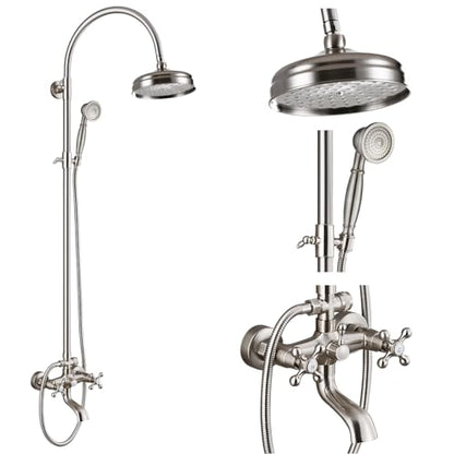 gotonovo Exposed Shower Faucet Set with Tub Spout Brushed Nickel | Brass Bathroom Shower System,8 Inch Rainfall Head with Handheld Spray and Tub Filler,Adjustable Height,6’’ Hole Distance - color: Nickel