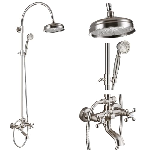 gotonovo Exposed Shower Faucet Set with Tub Spout Brushed Nickel | Brass Bathroom Shower System,8 Inch Rainfall Head with Handheld Spray and Tub Filler,Adjustable Height,6’’ Hole Distance - color: Nickel