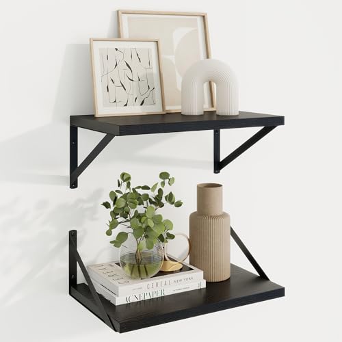 Deep Floating Shelves, 16'' x 10'' Black Wall Shelves Set of 2 | 10 Inch Deep Shelves with Heavy Duty Brackets, Rustic Wood Shelves for Bathroom Living Room, Engineered Wood, 35LBS - color: Black, size: 16W x 10D