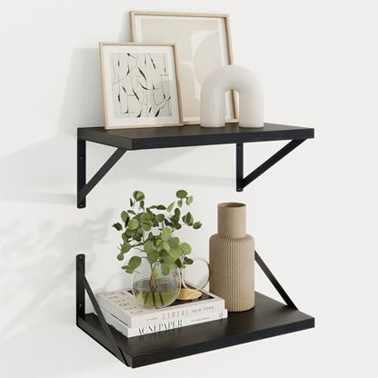 Deep Floating Shelves, 16'' x 10'' Black Wall Shelves Set of 2 | 10 Inch Deep Shelves with Heavy Duty Brackets, Rustic Wood Shelves for Bathroom Living Room, Engineered Wood, 35LBS - color: Black, size: 16W x 10D