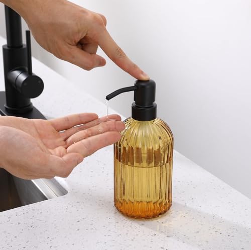 16 OZ Amber Glass Soap Dispenser, Amber Stripe Bathroom Hand Soap Dispensers with Stainless Steel Matte Black Pump,Brown Glass Kitchen Hand Soap Dispenser with Matte Black Pump - color: Matte Black +Amber, size: 1-Pack
