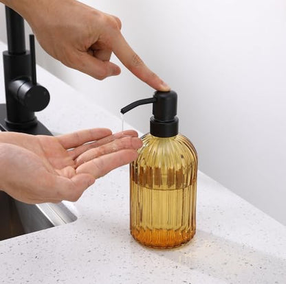 16 OZ Amber Glass Soap Dispenser, Amber Stripe Bathroom Hand Soap Dispensers with Stainless Steel Matte Black Pump,Brown Glass Kitchen Hand Soap Dispenser with Matte Black Pump - color: Matte Black +Amber, size: 1-Pack
