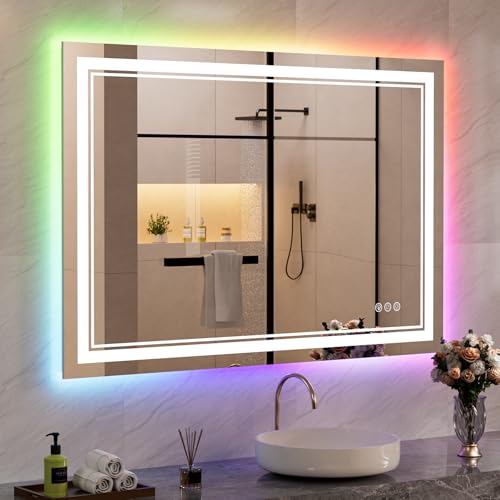 44x32 Inch RGB LED Bathroom Mirror with Lights | Front and RGB Backlit, Dimmable, Memory, Anti Fog, Shatterproof, Horizontal/Vertical, Lighted Mirrors for Bathroom Wall - color: Rgb Backlit, size: 44"L x 32"W