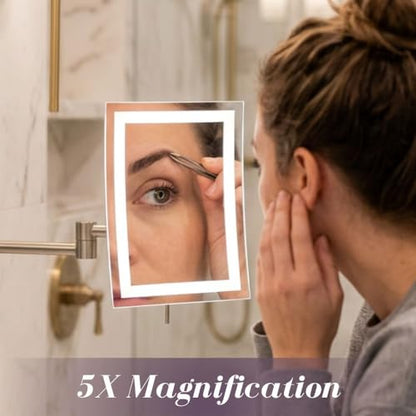 JERDON Hardwired Wall-Mount Makeup Mirror - 5X/1X - Nickel - JRT710NLD | 6.5" x 9" Rectangular Frame, LED Lighting, Direct Wire Install - color: Nickel Direct Wire
