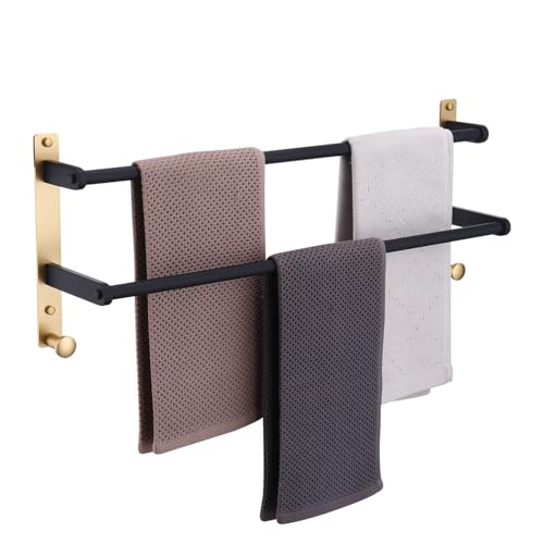 Double Towel Rack with Hooks, 24 Inch Stainless Steel Towel Bar - Wall Mounted Towel Holder for Bathroom, Black & Gold - color: Black & Gold, size: 24-Inch