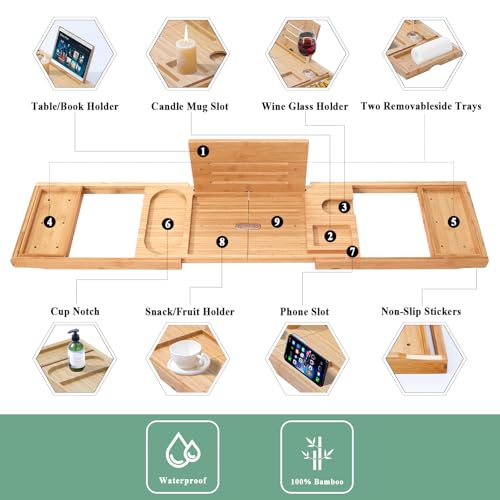 Bathtub Tray, Bamboo Bath Tray for Tub, Expandable Bath Tray with Bamboo Book Stand, Soap Tray, Bathtub & Bathroom Accessories Perfect for Home Spa, Natural Colour
