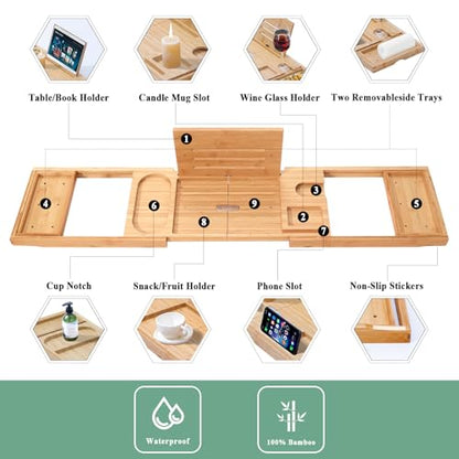 Bathtub Tray, Bamboo Bath Tray for Tub, Expandable Bath Tray with Bamboo Book Stand, Soap Tray, Bathtub & Bathroom Accessories Perfect for Home Spa, Natural Colour