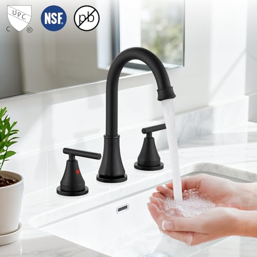 Widespread Bathroom Faucet 3 Hole, 8 inch Bathroom Sink Faucet with Pop-up Drain and Supply Lines, Two Handles, Stainless Steel, Matte Black - color: Matte Black