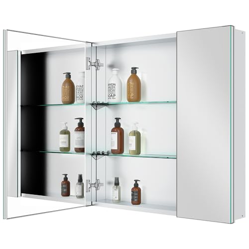 30"x30" Medicine Cabinet with Mirror, 2-Door Recessed or Surface | Sleek silver double-door mirror cabinet with rustproof aluminum frame, adjustable shelves, soft-close hinges - color: 30"w X 30"h 2-door