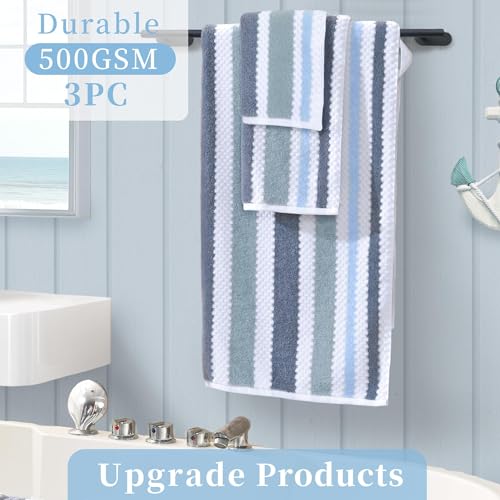 VOOVA & MOVAS Waffle 3PC Towel Set, Cotton, Blue Gray White | Large Bath 30x56 In, Hand 16x27 In, Wash Cloths 13x13 In, Quick Dry, Thick, 540GSM, With Hanging Loops - color: Blue-gray and White, size: 3 PC Bathroom Towel Set