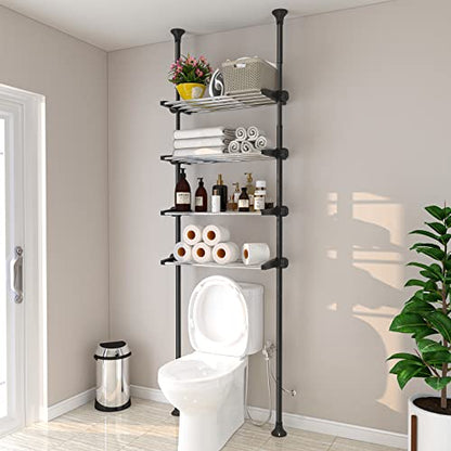 4-Tier Over The Toilet Storage Shelf, 4.5-9.5 FT Adjustable Bathroom Organizer, Heavy Duty Metal Shelves Above Behind Toilet Laundry, Space-Saving Shelving for Small Rooms, No Drill Tenant Friendly - color: Black