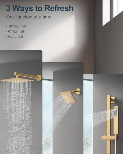 Shower Faucet Set, 10" & 6" Dual Rainfall Shower Heads System for Wall Mount with Slide Bar & Handheld Sprayer, Brushed Gold - color: Brushed Gold