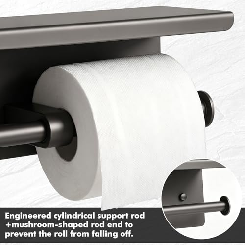 Double Toilet Paper Holder with Shelf, Wall Mount Tissue Roll Holder for Bathroom, 304 Stainless Steel Commercial Toilet Tissue Dispensers with Phone Shelf(Grey) - color: Grey
