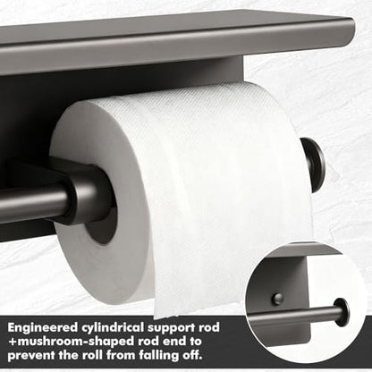 Double Toilet Paper Holder with Shelf, Wall Mount Tissue Roll Holder for Bathroom, 304 Stainless Steel Commercial Toilet Tissue Dispensers with Phone Shelf(Grey) - color: Grey