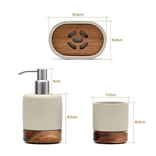 Bathroom Accessories Set 3 Piece Bath Ensemble Includes Soap Dispenser, Tumbler, Dish for Decorative Countertop & Housewarming Gift (Concrete with Acacia Wood) - style: Concrete with Acacia Wood