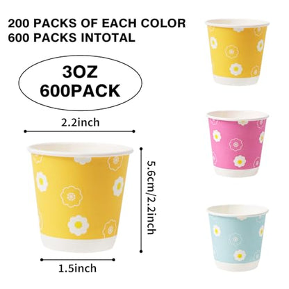 Tamone 600 Pack 3 oz Bathroom Cups, Mouthwash Cups with Flower, Pink, Yellow, Blue Small Disposable 3 oz Paper Cups for Party, Picnic, BBQ, Travel, Home & Event - color: pink & yellow & blue
