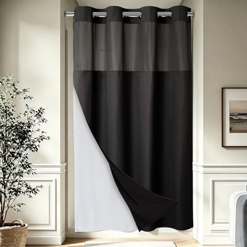 EUTXL Heavyweight No Hook Shower Curtain with Liner, Black, 54x74 | Snap in Liner, Thick Waffle Fabric, Hotel Quality, Corner Magnets, Waterproof & Washable - color: Black, size: 54"W x 74"L (Pack of 1)