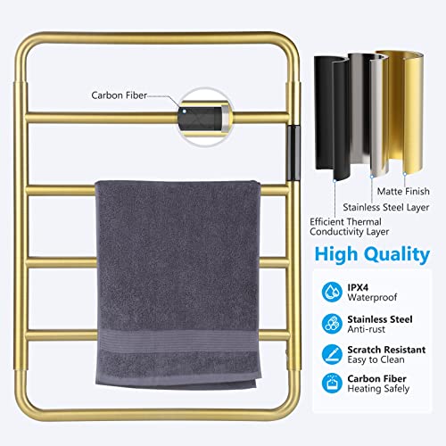 VJASS Heated Towel Rack for Bathroom, 4 Bar Stainless Steel Electric Towel Warmer with Built-in Timer, Dual Hardwired & Plug-in Wall Mounted Installation (Brushed Gold) - color: Brushed Gold
