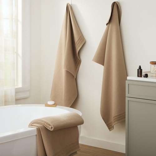 TOWN & COUNTRY BASICS 4-Piece Waffle Woven Terry Stripe Bath Towel Set, 30x56-Inch, 100% Cotton, Quick Dry, Taupe - color: Taupe