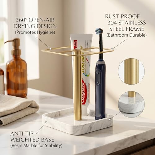 Stainless Toothbrush Holder，3-Slot Design with Resin Marble Base | White Silver Collection: Stainless Steel Electric Toothbrush Holder – Rustproof Vanity Organizer & Space-Saving Caddy - color: White Silver