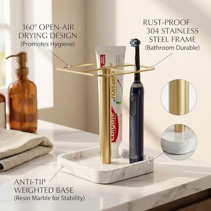 Stainless Toothbrush Holder，3-Slot Design with Resin Marble Base | White Silver Collection: Stainless Steel Electric Toothbrush Holder – Rustproof Vanity Organizer & Space-Saving Caddy - color: White Silver
