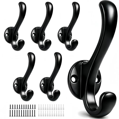 6 Pack Coat Hooks Wall Mount, Heavy Duty Wall Hooks for Hanging Coats, Towel, Hat and Robe, Black Metal Wall Hooks for Bathroom, Entryway, Bedroom - color: Black-6 Pack