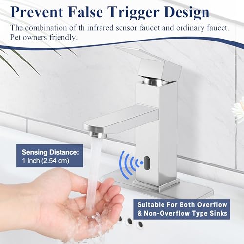 Herogo Touchless Bathroom Faucets Brushed Nickel Stainless Steel Automatic Motion Sensor Bathroom Faucet RV Bar Sink Faucet for 1-3 Hole Single-Handle with Pop Up Drain Stopper Water Supply Hoses - color: Brushed Nickel
