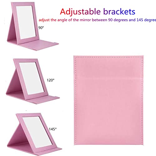 Foldable Travel Desk Mirror, Pink | HD Vanity Mirror with Adjustable 90°/145° Stand,Slim Leather-Covered - color: Pink