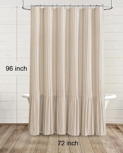 Farmhouse Shower Curtain Ruffle Linen Cream-Beige Stripe 72"W x 96"L | Farmhouse Boho, Striped, Bottom Ruffle, Linen Fabric, Rustic, Country, Natural Look, Washable, for Bathroom Bathtub - color: Cream-beige Stripe, size: 72"W x 96"L