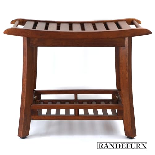 RANDEFURN 24“ Teak Shower Bench with Shelf,Teak Wood Shower Stool,Waterproof Wood Shower Chair for Elderly,2-Tier Wooden Shower Seat Spa Stool for Indoor and Outdoor Use.(24 x 13.4 x 18.3in, Brown)