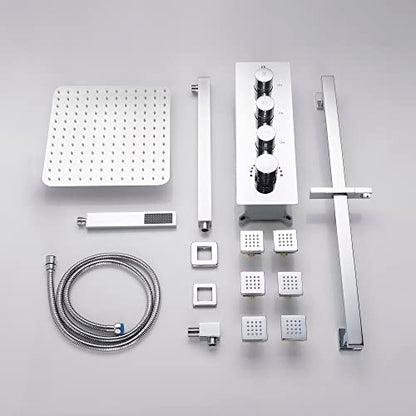 Cascada Luxury 12” Rainfall Shower set (Wall Mounted) with 4 knob thermostatic Valves & 3 functions (Rainfall, Body jets & Hand Shower) (Polished Stainless Steel) - color: Polished Stainless Steel